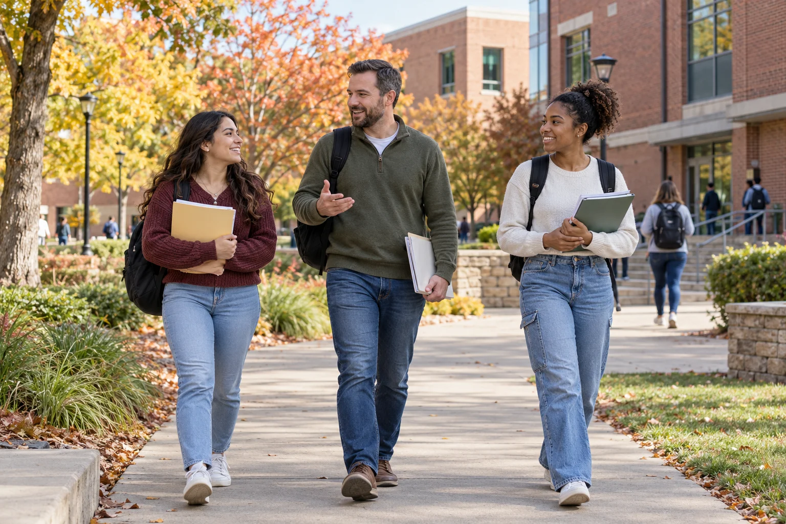 Three adult students carrying folders and backpacks along a college campus walkway