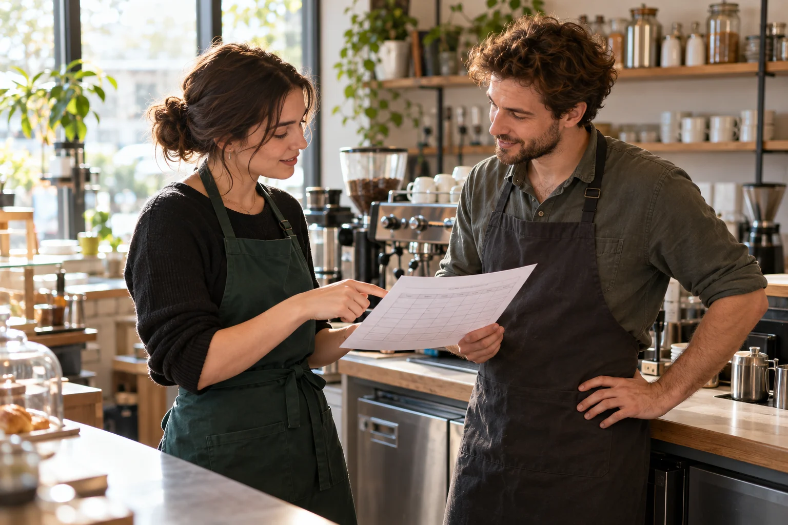 Two café coworkers wearing aprons discussing a printed work schedule beside the counter