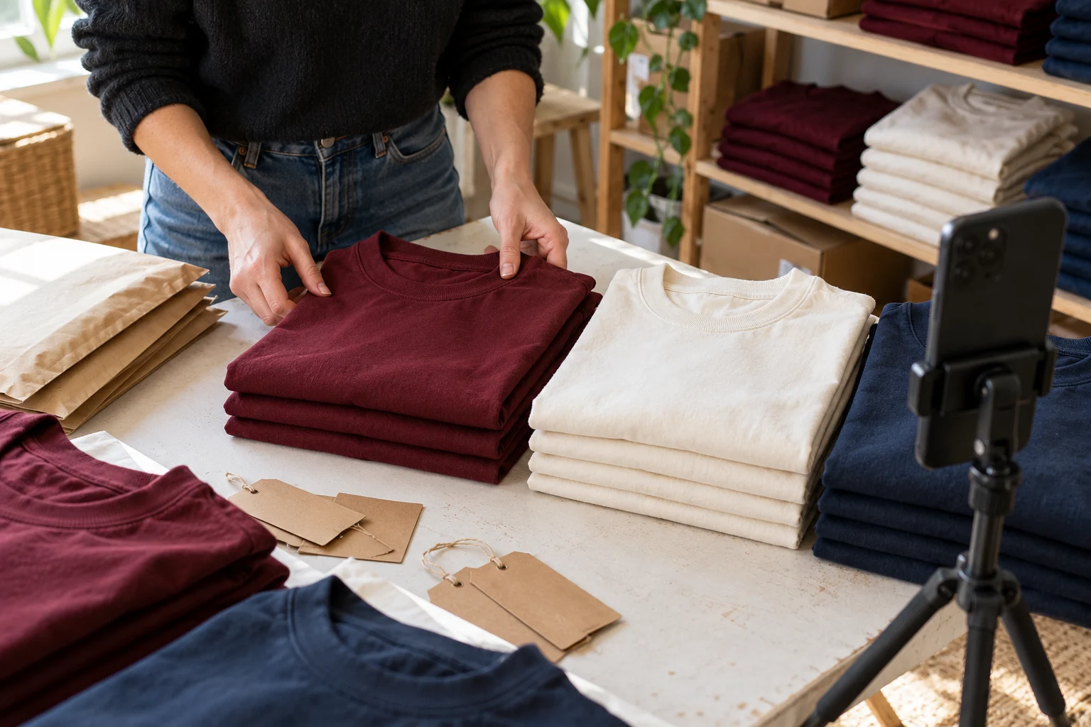 Shop owner arranging burgundy, cream and navy T-shirts beside a smartphone on a tripod