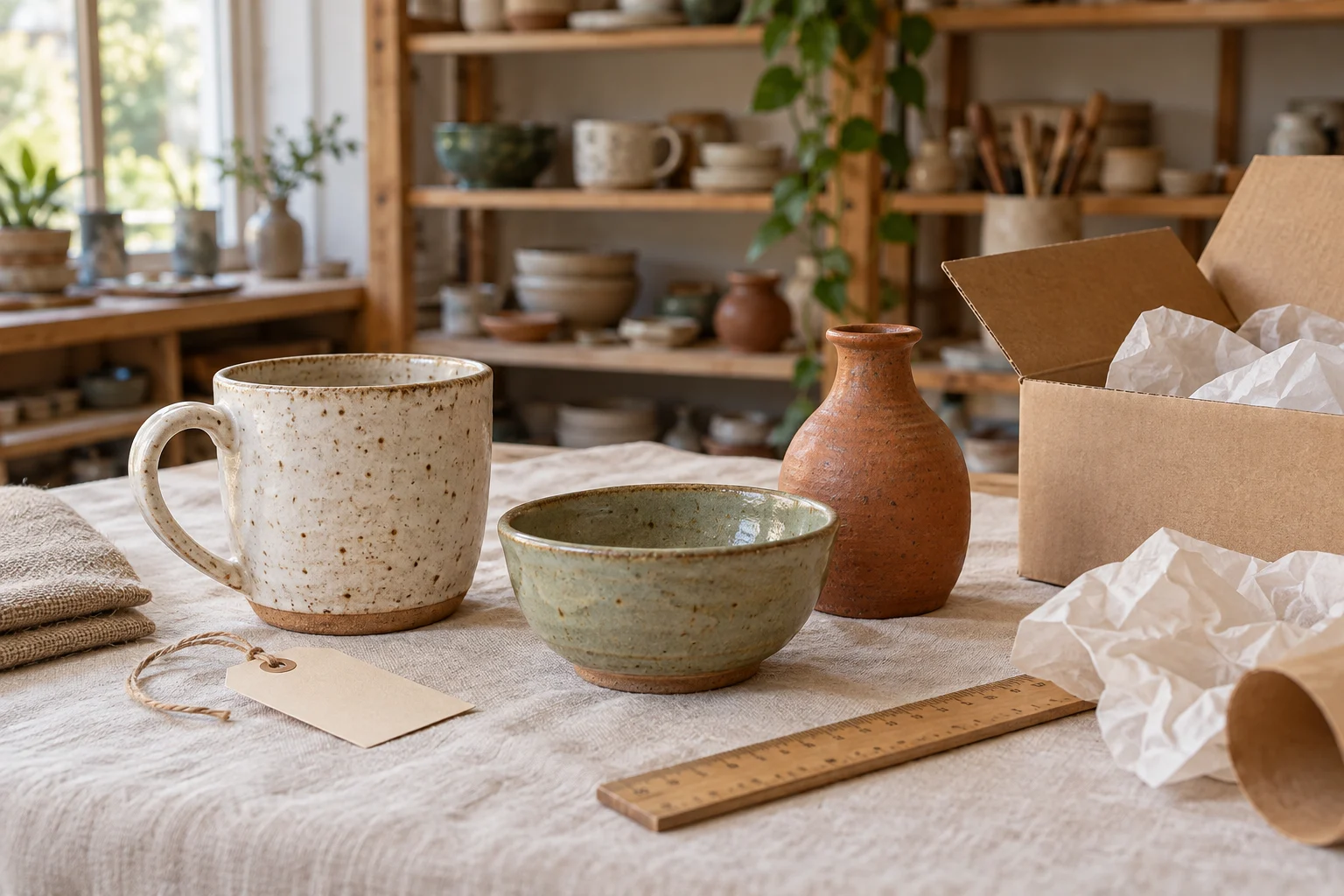Handmade ceramic mug, green bowl and terracotta vase beside a packing box, blank tag and wooden ruler